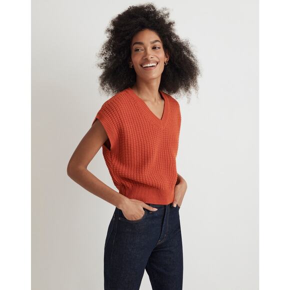 Madewell Waffle Knit Sweater Vest Size M Roasted Squash Orange Cotton Fall Layer - Picture 2 of 13